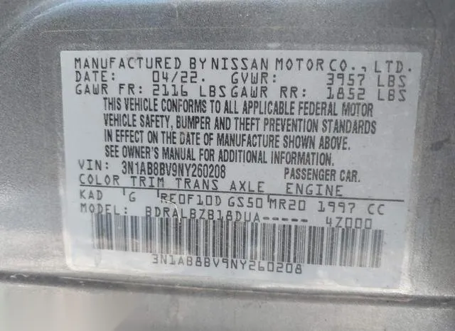 3N1AB8BV9NY260208 2022 2022 Nissan Sentra- S Xtronic Cvt 9