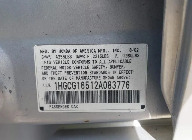 1HGCG16512A083776 2002 2002 Honda Accord- 3-0 EX 9