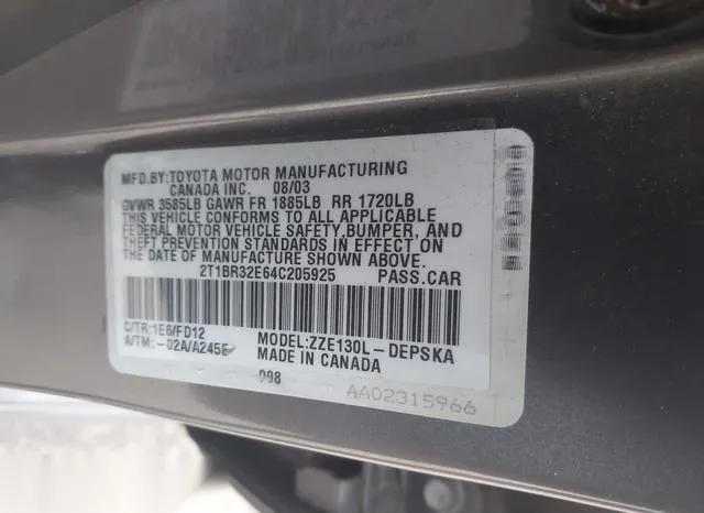 2T1BR32E64C205925 2004 2004 Toyota Corolla- S 9