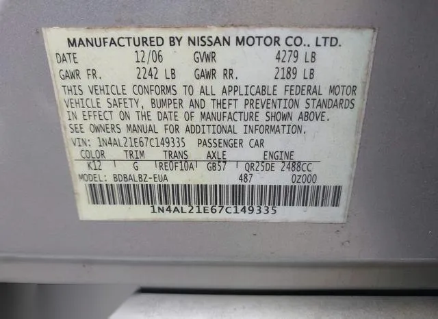 1N4AL21E67C149335 2007 2007 Nissan Altima- 2-5 S 9