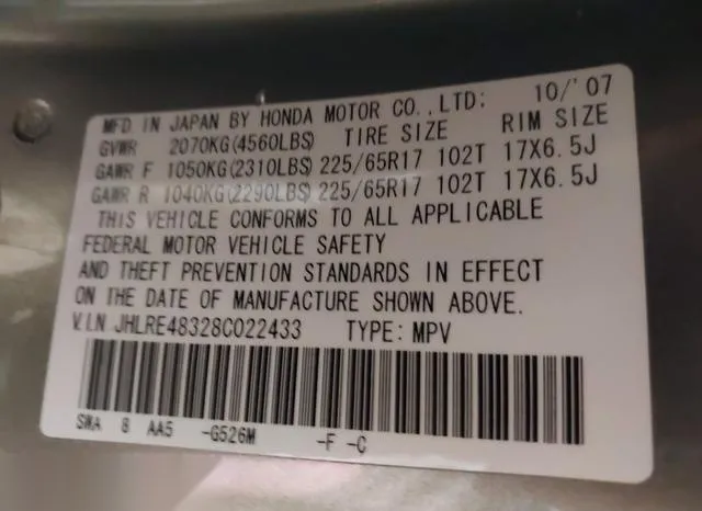 JHLRE48328C022433 2008 2008 Honda CR-V- LX 9