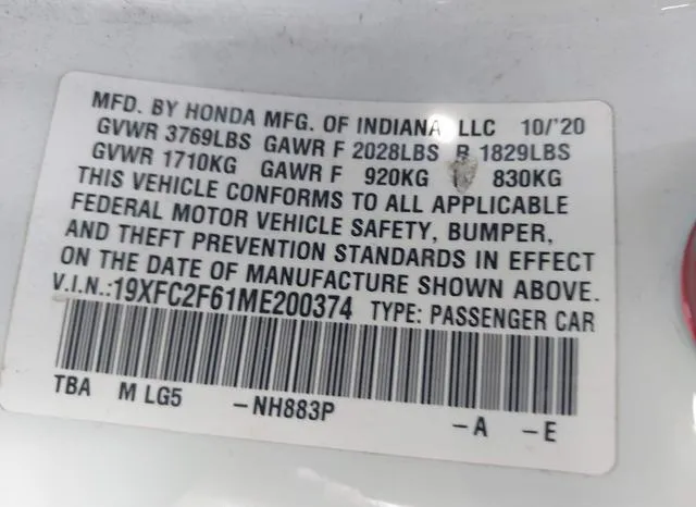 19XFC2F61ME200374 2021 2021 Honda Civic- LX 9