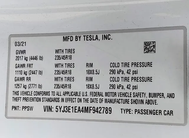 5YJ3E1EA4MF942789 2021 2021 Tesla Model 3- Standard Range P 9