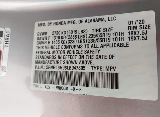 5FNRL6H98LB047805 2020 2020 Honda Odyssey- Elite 9