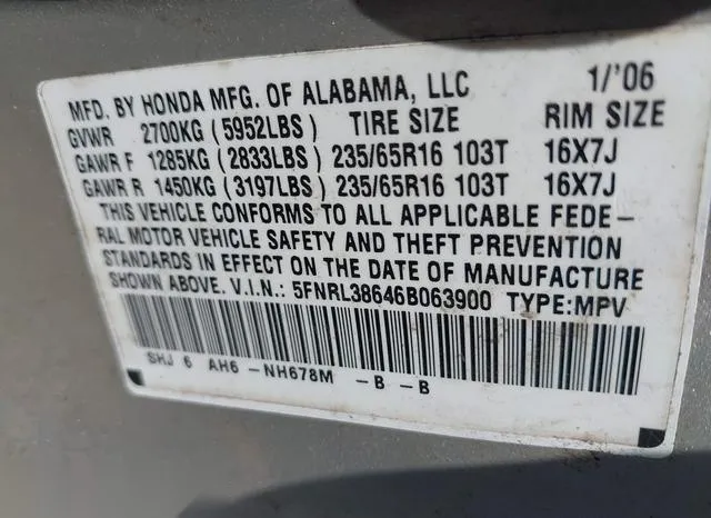 5FNRL38646B063900 2006 2006 Honda Odyssey- Ex-L 9