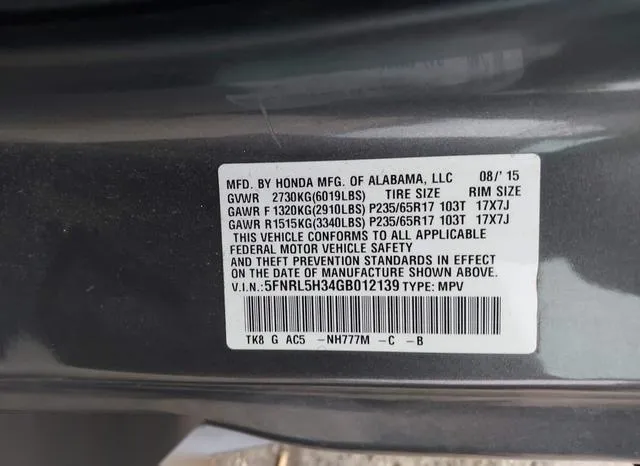 5FNRL5H34GB012139 2016 2016 Honda Odyssey- SE 9