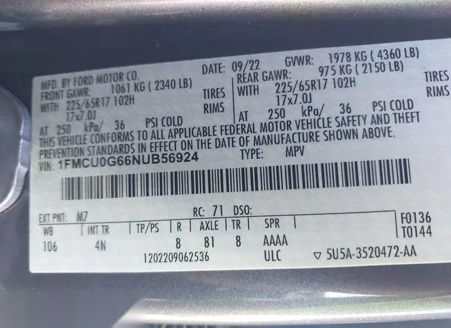 1FMCU0G66NUB56924 2022 2022 Ford Escape- SE 9