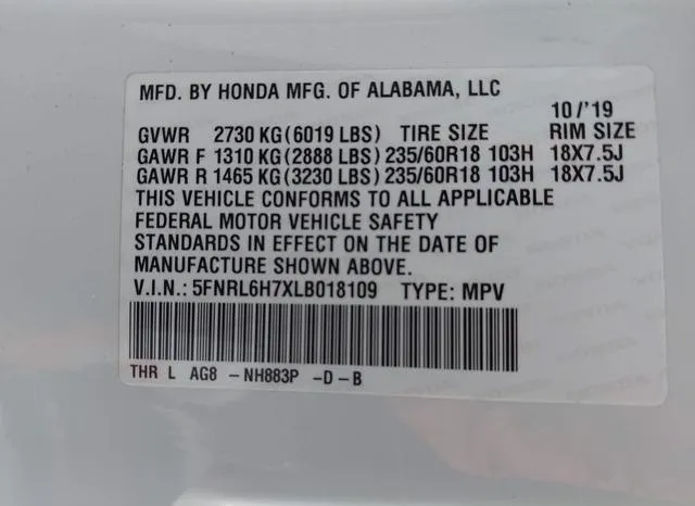 5FNRL6H7XLB018109 2020 2020 Honda Odyssey- Ex-L/Ex-L W/Navi 9