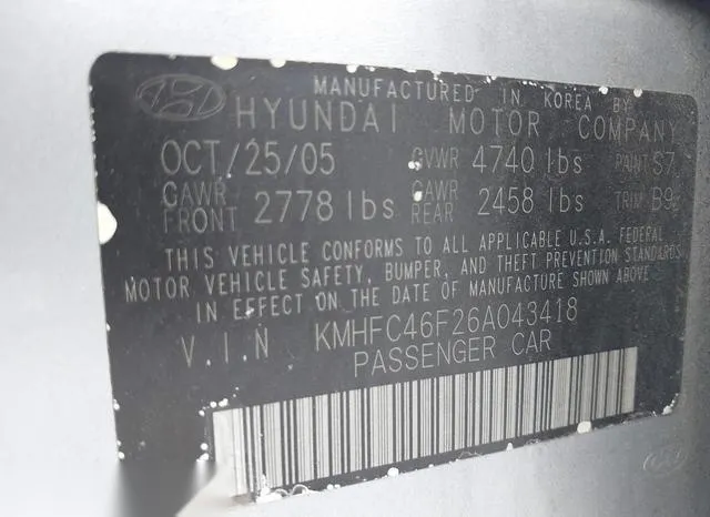 KMHFC46F26A043418 2006 2006 Hyundai Azera- Limited/Se 9