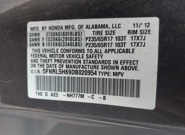 5FNRL5H69DB020954 2013 2013 Honda Odyssey- Ex-L 9