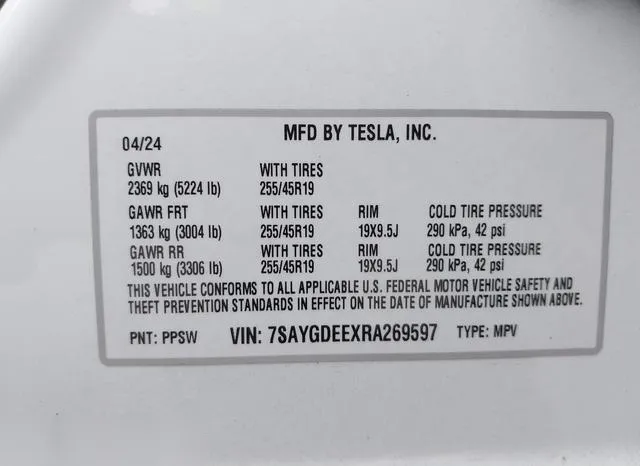 7SAYGDEEXRA269597 2024 2024 Tesla Model Y- Long Range Dual 9