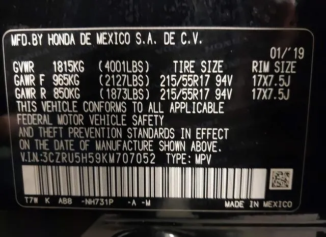 3CZRU5H59KM707052 2019 2019 Honda HR-V- EX 9