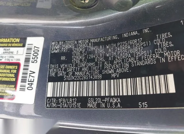 5TDZK22C28S143898 2008 2008 Toyota Sienna- Xle 9