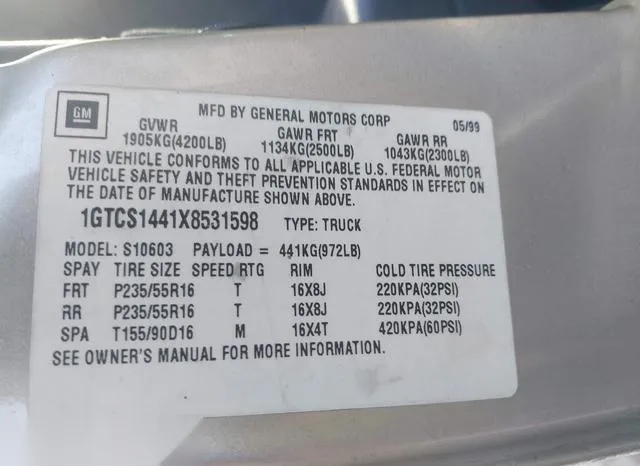 1GTCS1441X8531598 1999 1999 GMC Sonoma- Sls 9