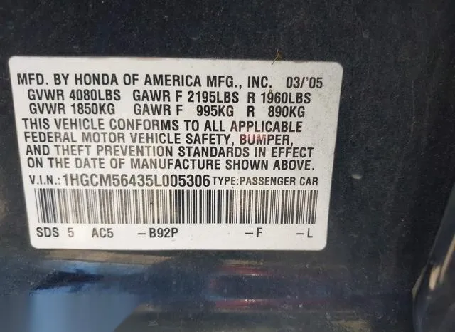 1HGCM56435L005306 2005 2005 Honda Accord- 2-4 LX 9