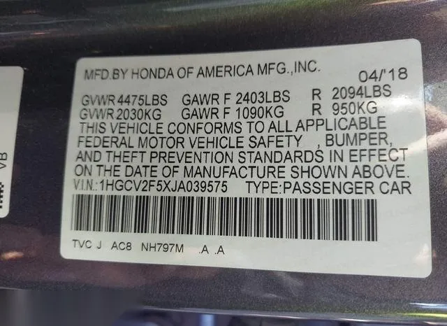 1HGCV2F5XJA039575 2018 2018 Honda Accord- Exl 9