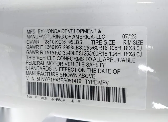 5FNYG1H45PB051419 2023 2023 Honda Pilot- Exl 9