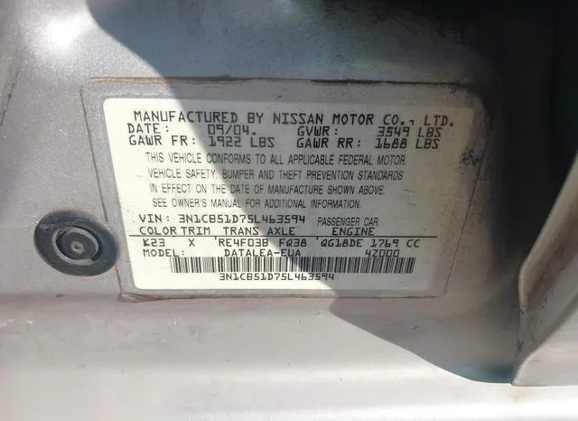 3N1CB51D75L463594 2005 2005 Nissan Sentra- 1-8S 9