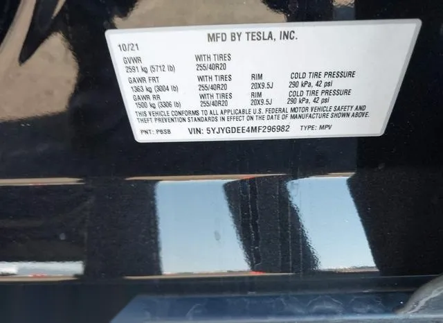 5YJYGDEE4MF296982 2021 2021 Tesla Model Y- Long Range Dual 9