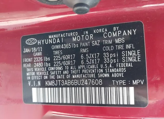 KM8JT3AB6BU247608 2011 2011 Hyundai Tucson- GL 9