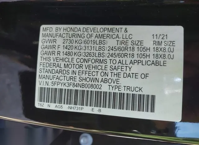 5FPYK3F84NB008002 2022 2022 Honda Ridgeline- Black Edition 9