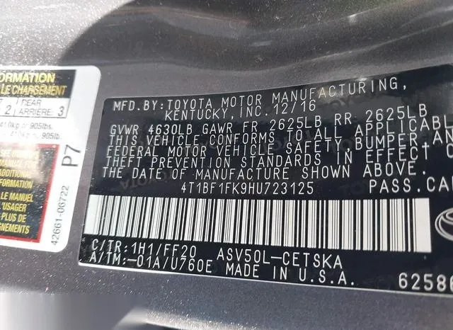 4T1BF1FK9HU723125 2017 2017 Toyota Camry- SE 9