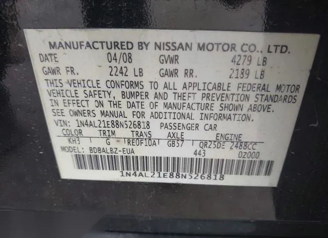 1N4AL21E88N526818 2008 2008 Nissan Altima- 2-5 S 9