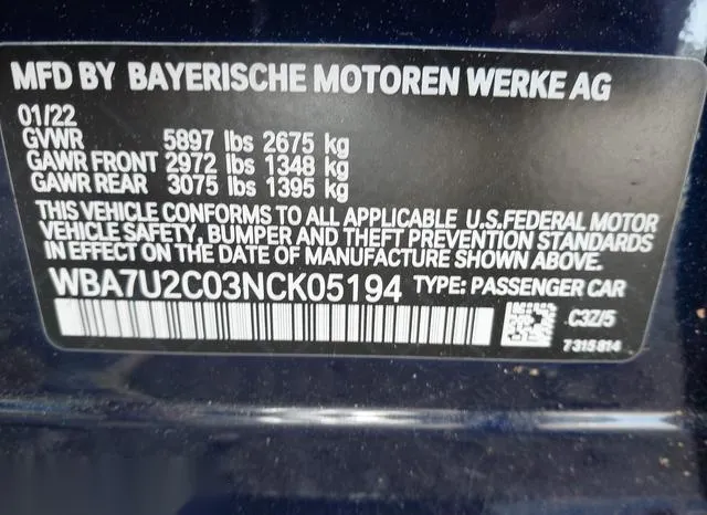 WBA7U2C03NCK05194 2022 2022 BMW 7 Series- 750 I Xdrive 9