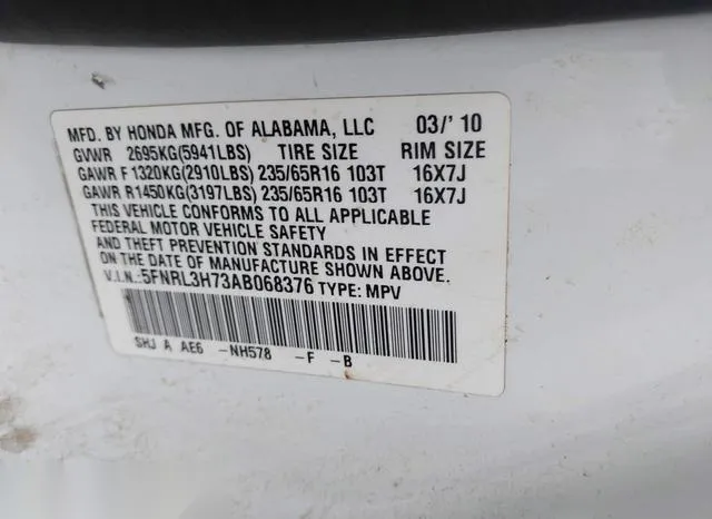 5FNRL3H73AB068376 2010 2010 Honda Odyssey- Ex-L 9