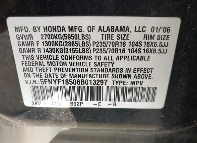 5FNYF18506B013297 2006 2006 Honda Pilot- Ex-L 9