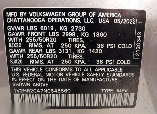 1V2HR2CA7NC548560 2022 2022 Volkswagen Atlas- 3-6L V6 Se W/ 9