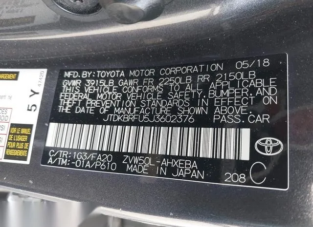 JTDKBRFU5J3602376 2018 2018 Toyota Prius- Two 9