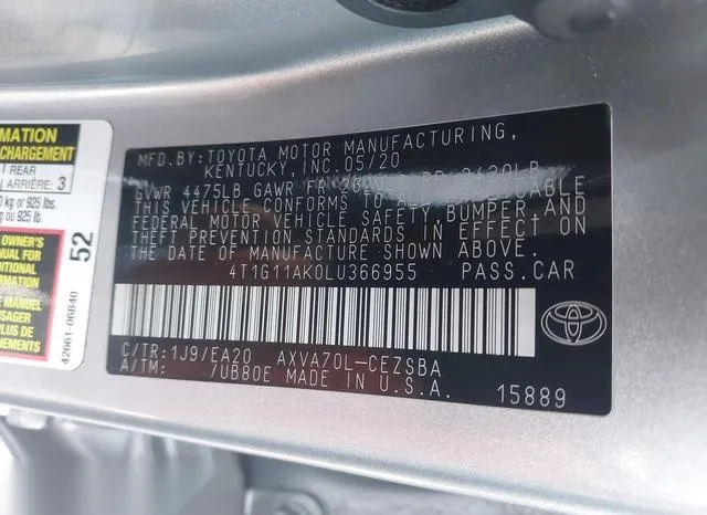 4T1G11AK0LU366955 2020 2020 Toyota Camry- SE 9