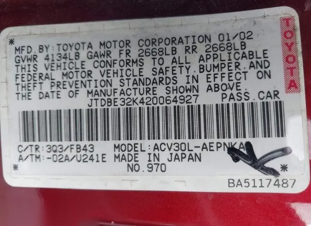 JTDBE32K420064927 2002 2002 Toyota Camry- LE 9