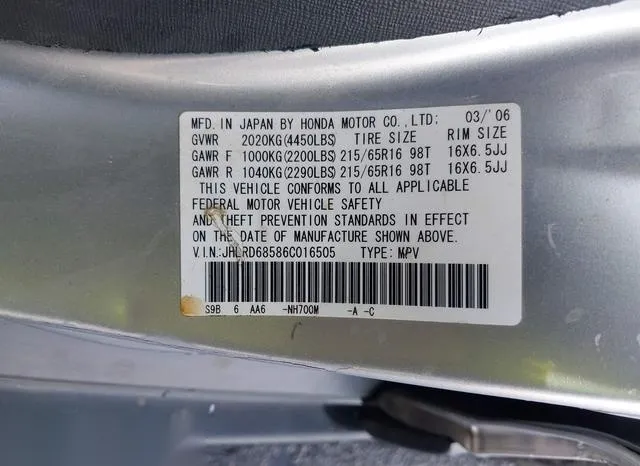 JHLRD68586C016505 2006 2006 Honda CR-V- LX 9