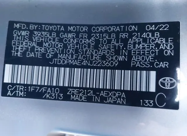 JTDDPMAE4NJ223609 2022 2022 Toyota Corolla- L 9