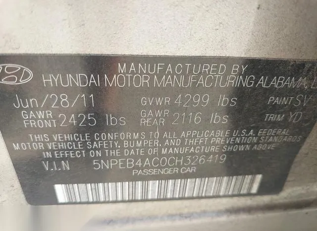 5NPEB4AC0CH326419 2012 2012 Hyundai Sonata- Gls 9