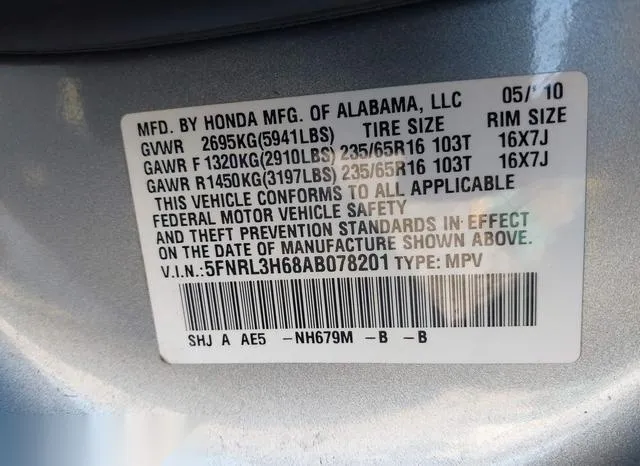 5FNRL3H68AB078201 2010 2010 Honda Odyssey- Ex-L 9