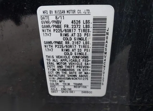 JN8AS5MV4CW701275 2012 2012 Nissan Rogue- SV 9