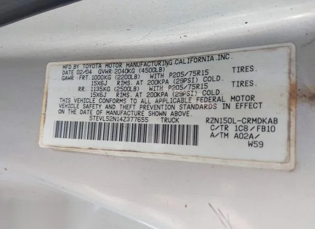 5TEVL52N14Z377655 2004 2004 Toyota Tacoma 9