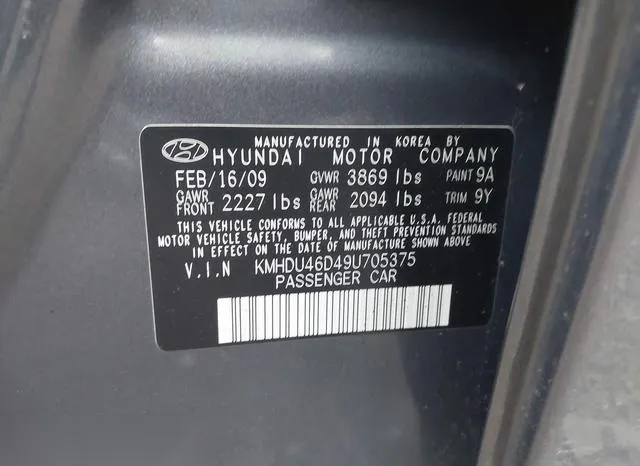 KMHDU46D49U705375 2009 2009 Hyundai Elantra- Gls 9