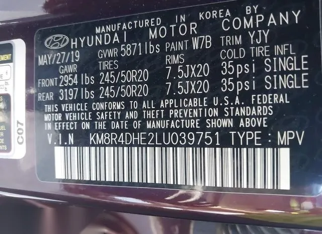 KM8R4DHE2LU039751 2020 2020 Hyundai Palisade- Sel 9