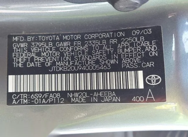 JTDKB20U940005463 2004 2004 Toyota Prius 9