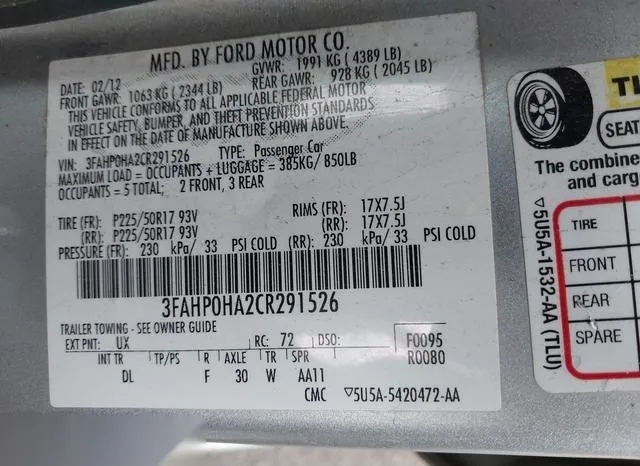 3FAHP0HA2CR291526 2012 2012 Ford Fusion- SE 9