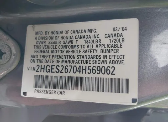 2HGES26704H569062 2004 2004 Honda Civic- EX 9