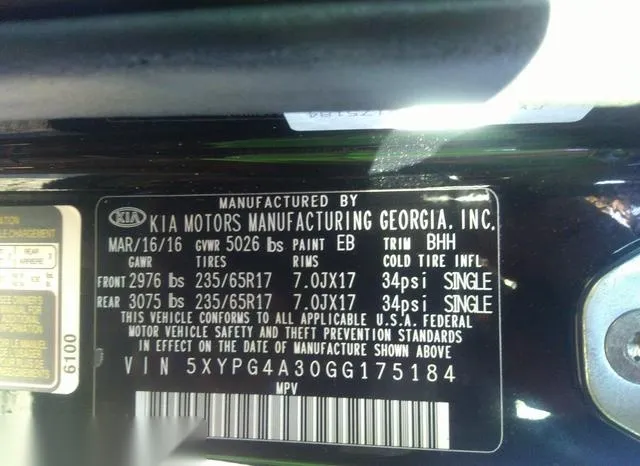 5XYPG4A30GG175184 2016 2016 KIA Sorento- 2-4L Lx 9