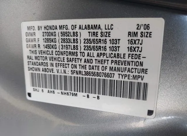 5FNRL38656B076607 2006 2006 Honda Odyssey- Ex-L 9