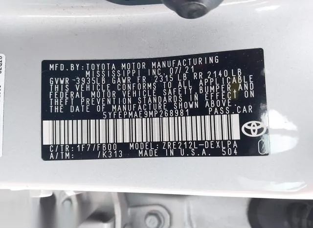 5YFEPMAE9MP268981 2021 2021 Toyota Corolla- LE 9