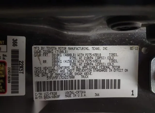 5TFUY5F17CX237880 2012 2012 Toyota Tundra- Grade 5-7L V8 9