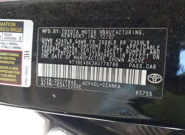 4T1BE46K38U778786 2008 2008 Toyota Camry- LE 9